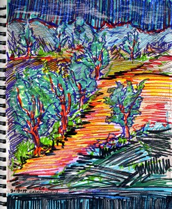 marker sketch of the valley with trees