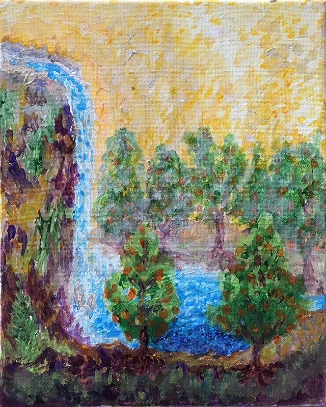 Vision of waterfall, pool and trees